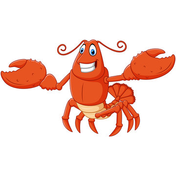 Cartoon happy lobster hands up isolated on white background