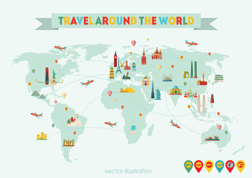 World map. Travel and tourism background. Vector illustration