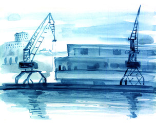 cranes in the seaport, watercolor