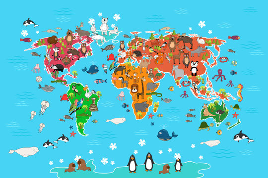 World map with animals. Monkey and hedgehog, bear and kangaroo, hare wolf panda and penguin and parrot. Animals world map vector illustration in cartoon style