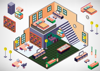 Obraz premium illustration of info graphic interior room concept in isometric graphic