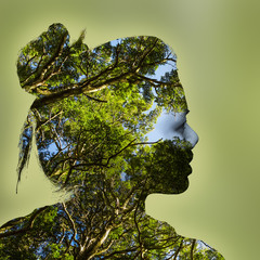 Obrazy  Double exposure portrait of young woman and forest