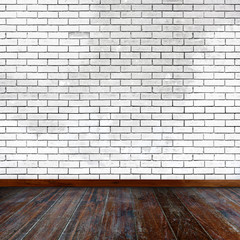 Empty room. White brick wall and wood floor.