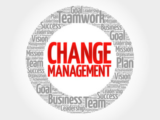 Change management circle stamp word cloud, business concept