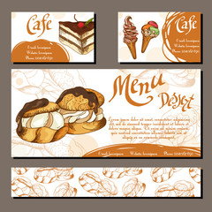Template with hand drawn sketch bakery. Can be used as corporate identity style for cafe or restaurant.  Vector illustration. Dessert cards with sweet bakery.