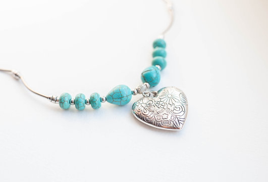 Silver heart with turquoise beads necklace