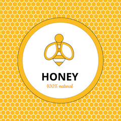 Logo, sticker for honey brand, apriary company with honey bee with honeycomb background, propolis