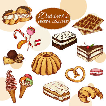 Vector desserts elements in hand drawn style. Delicious food. Art illustration.  Sweet pastry for your design in cafe menu, posters, brochures