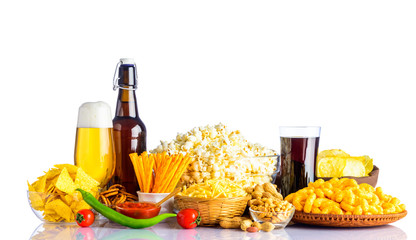 Junk Food and Beer on White Background