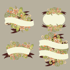 Decorative flower elements. Set of ribbons for your design. Vector flower doodle can be used for wedding, valentine's holidays.