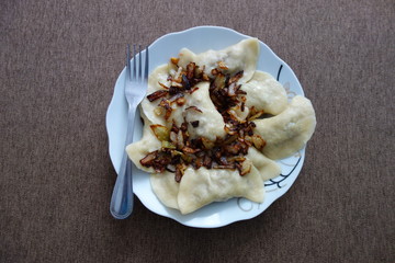 Dumplings in plate and fork