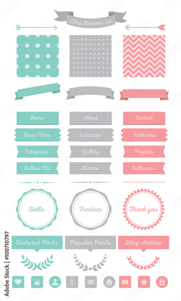 Wall mural blog elements set with seamless patterns