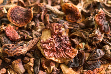 Background of dried mushroom on wood table.