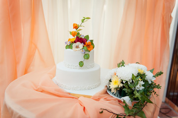 Beautiful delicious white wedding cake