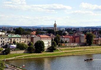 Fototapeta na wymiar aerial view at church and Debniki quarter in Krakow near Vistula river