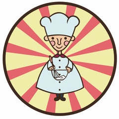 funny cartoon cook whips cream in a bowl