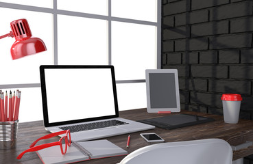 3D illustration laptop and work stuff on table near brick wall, Workspace