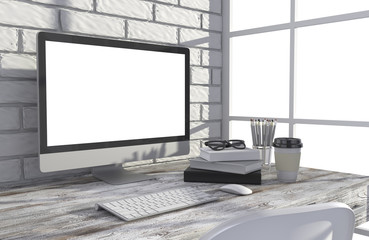 Fototapeta premium 3D illustration PC screen on table in office, Workspace