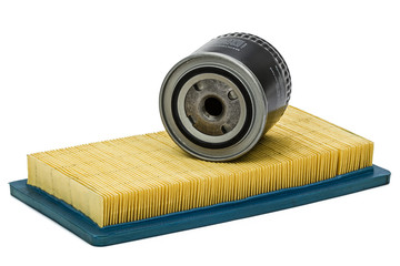Car filters close-up, auto spare part, isolated on white