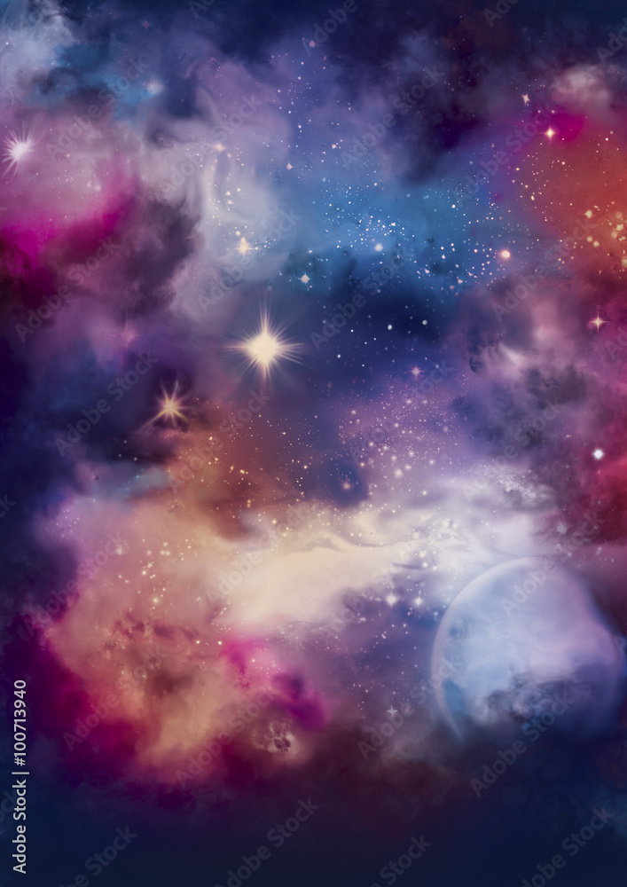 Wall mural colorful cosmos background with stars and a planet. for posters, banners, flyers, cards.
