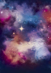 Fototapeta na wymiar Colorful cosmos background with stars and a planet. For posters, banners, flyers, cards.