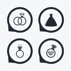 Wedding dress icon. Bride and groom rings symbol