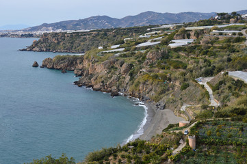 Fototapeta na wymiar Playa, Maro, Nerja, Málaga, Andalucía, costa, mar, paisaje marítimo, paisajes, panorámica