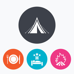 Food, sleep, camping tent and fire signs.