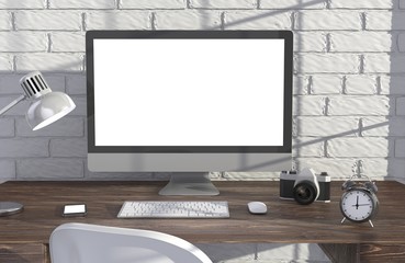 Fototapeta premium 3D illustration PC screen on table in office, Workspace