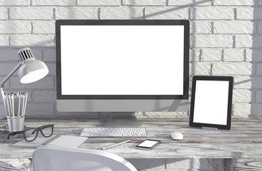 Fototapeta premium 3D illustration PC screen on table in office, Workspace