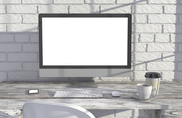 Fototapeta premium 3D illustration PC screen on table in office, Workspace