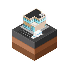 A vector illustration of a modern office with delivery truck. 
Isometric generic Office icon illustration. Urban commercial financial company buildings on tile surface.