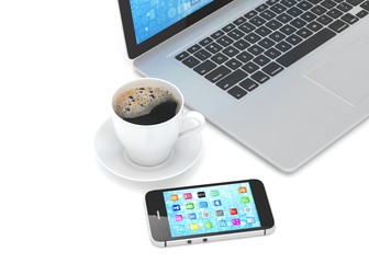 Laptop smartphone and coffee cup 