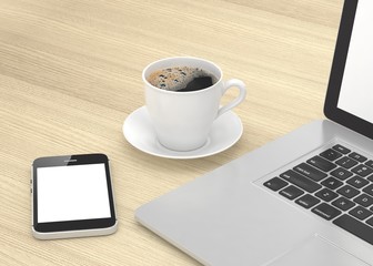 Laptop smartphone and coffee cup 