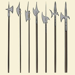 Set of historical halberd weapons. Illustration with slashing weapons on a light background.