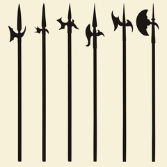 Set of historical halberd silhouettes. Illustration with slashing weapons on a light background.