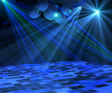 Blue disco dance floor with mirror balls, lattice framework and spot lights. 3d render.