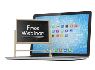 Laptop with chalkboard, free webinar, online education concept