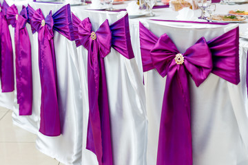 chairs decorated with purple bows on ceremony