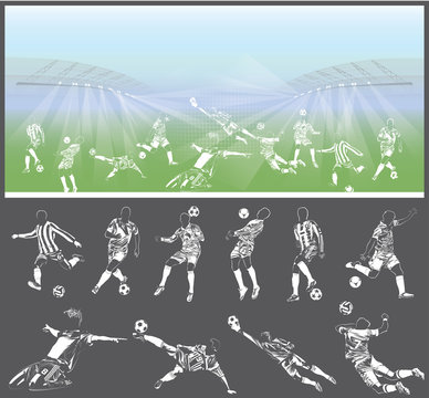 football players figures with stadium on background