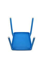 Blue Plastic Cafe Chair on White Background, Bottom View