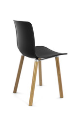 Black Plastic Modern Chair with Wood Legs, Three Quarter Rear View