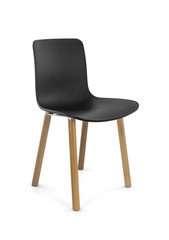 Black Plastic Modern Chair with Wood Legs, Three Quarter View