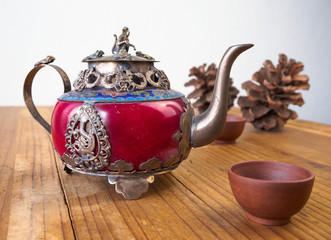 Vintage Chinese teapot made of old jade and Tibet silver with mo
