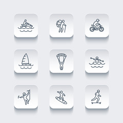 extreme outdoor activities line rounded square icons, vector illustration