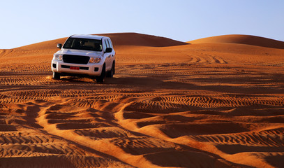 Off road vehicle on sand dunes, Oman - obrazy, fototapety, plakaty