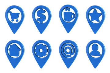 Blue Map pin icon. Shop, bank, coffee, star, home, option, internet. user icons 