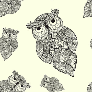 Vector illustration of ornamental owl. Bird illustrated in tribal.