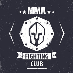 MMA Fighting Club grunge emblem with spartan helmet, t-shirt print, vector illustration
