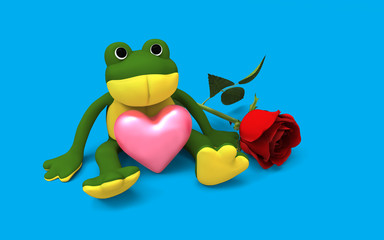 Cute frog sitting with pink heart and red rose, 3d character